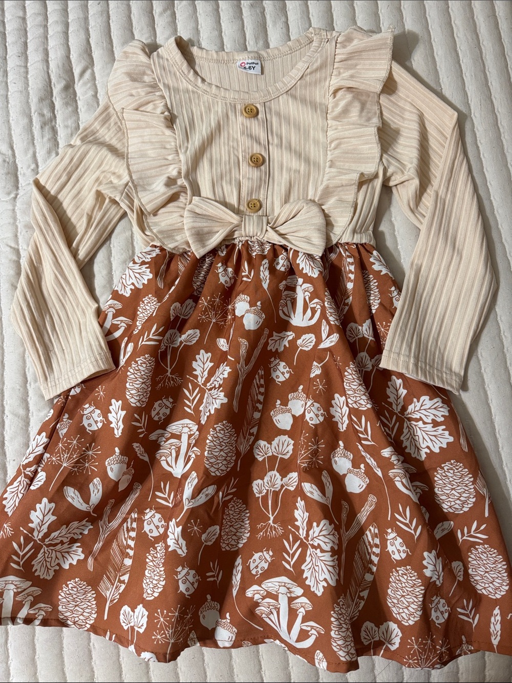 PatPat Cream and Rust Brown Floral Skirt Ruffle Dress for Girls
